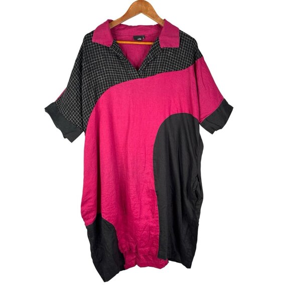LISA BAYNE Women's Pink Black Lagenlook Oversize Collared Dress Large - Picture 1 of 6
